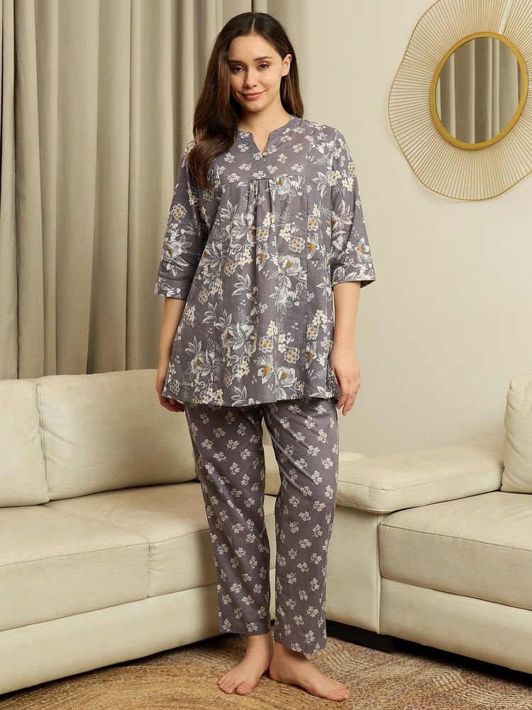 July Nightwear Womens Cotton Grey Long Kurti with Pajama-image-34