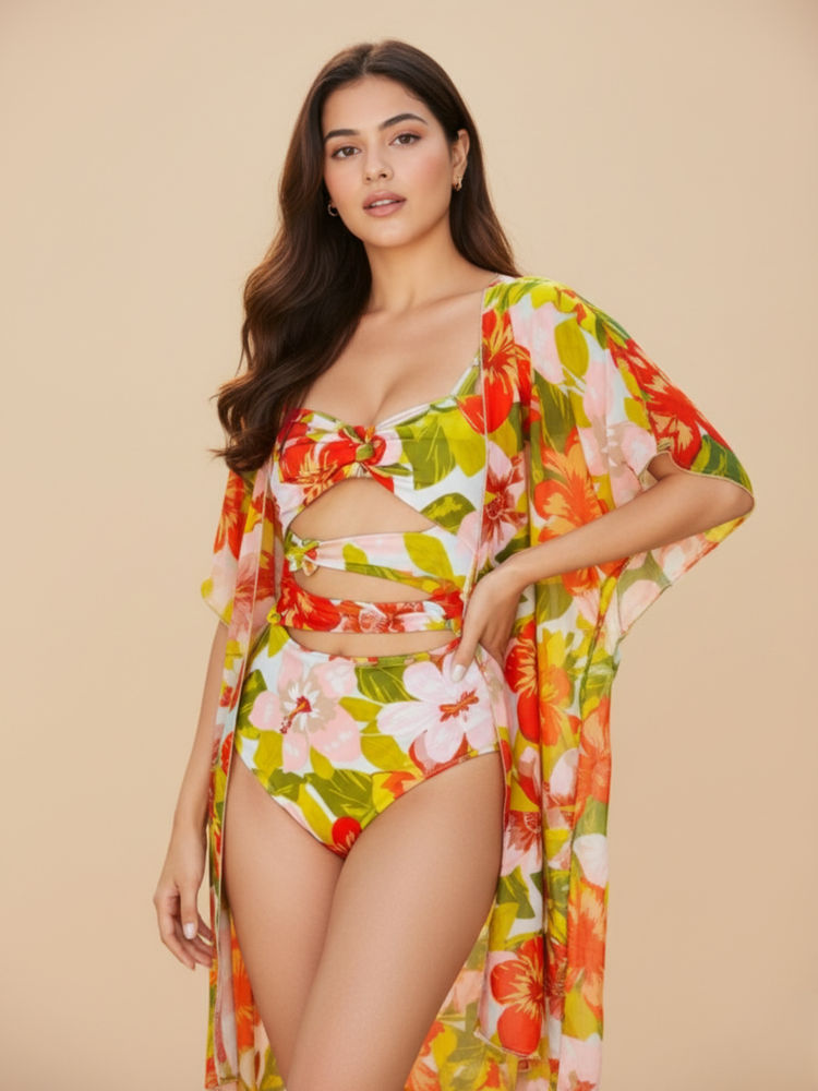 WomanLikeU Floral Monokini With Coverup - Multi-color (Set of 2)-picture-34
