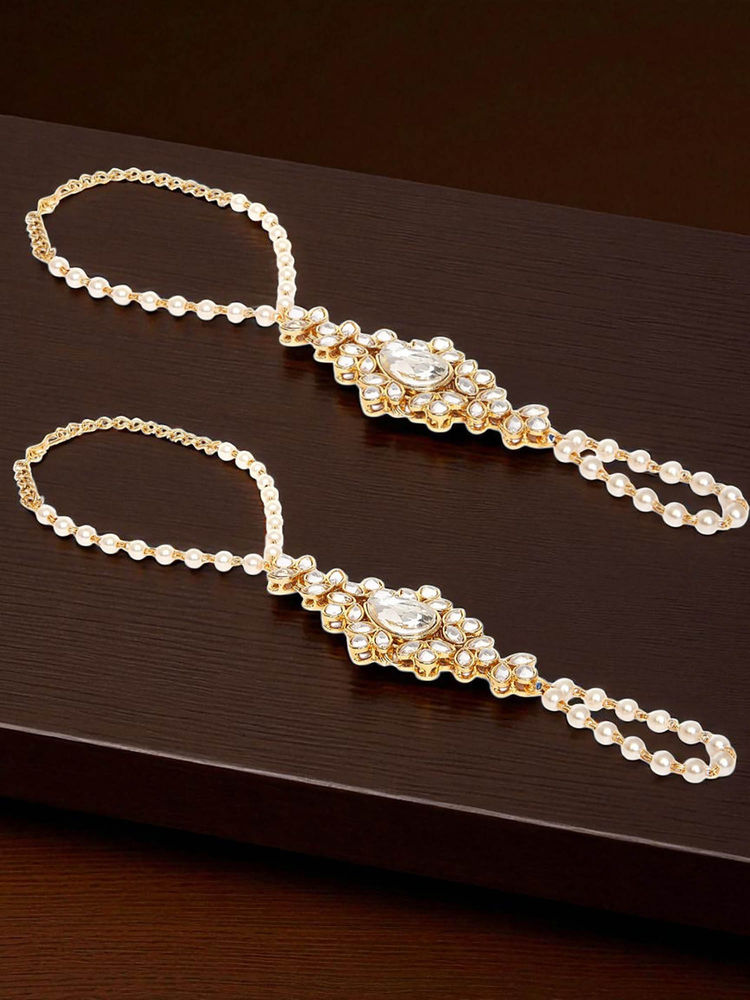 OOMPH Combo of 2 Gold Ethnic Statement Bracelet with Ring Kundan and Pearls Floral-image-1