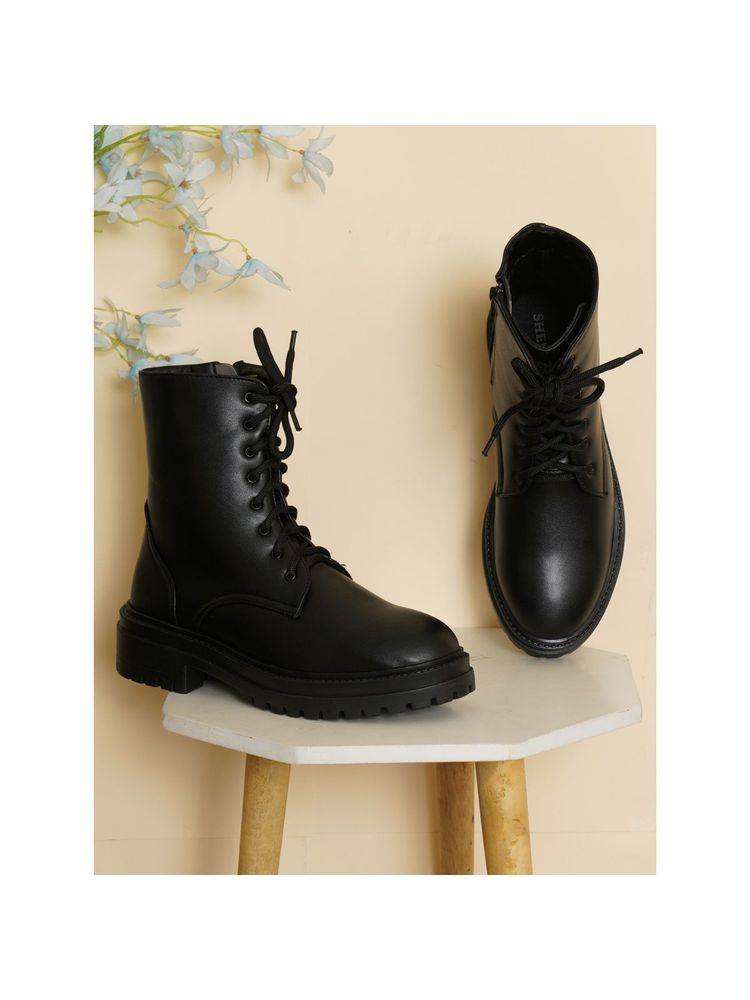 SHUZ TOUCH Black Lace Up High Ankle Boots-picture-10