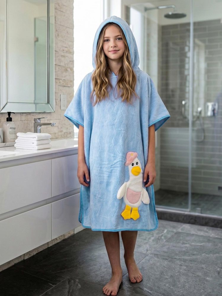 FABINALIV Blue Cartoon Design Pure Cotton Kids Hooded Poncho Towel-image-13