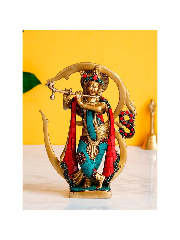 eCraftIndia Lord Krishna Playing with Om Idol Brass Figurine with Colorful Stone Work-image-47