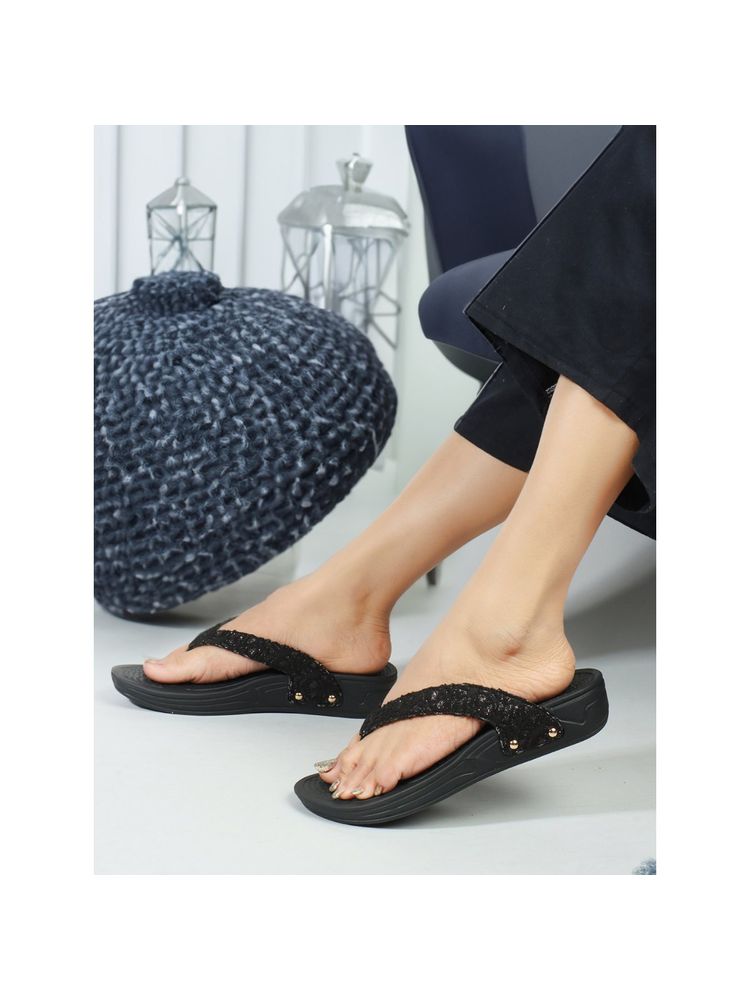 Carlton London Black Slip-On Women Flip flops