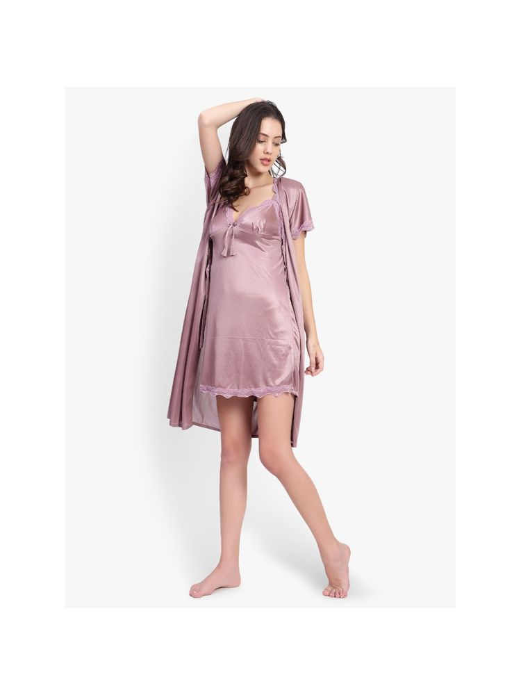 BRACHY Women Satin Self Design Short Night Dress & Robe Light Mauve (Set of 2)-picture-18