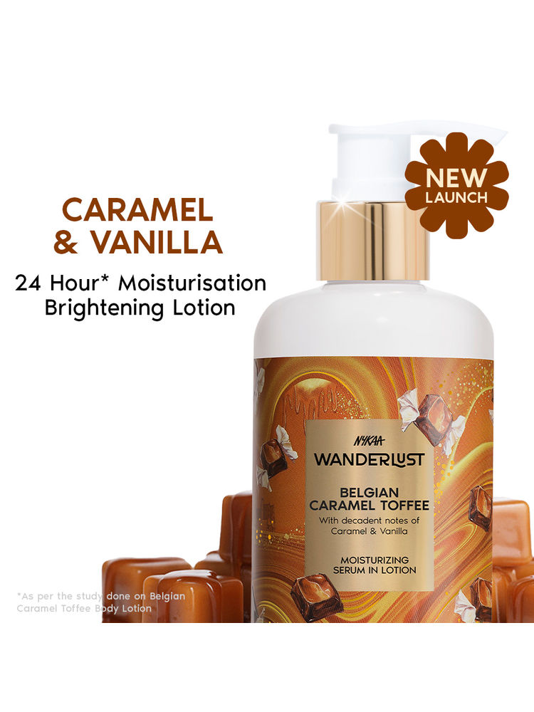Nykaa Wanderlust Belgian Caramel Toffee Body Lotion Upto 24 H Moisturisation Lactic Acid Brightening-image-49