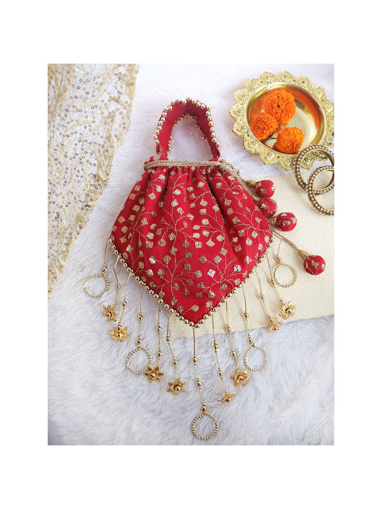 Soho Boho Studio Maroon Embellished Tassles Triangle Potli Bag-image-27