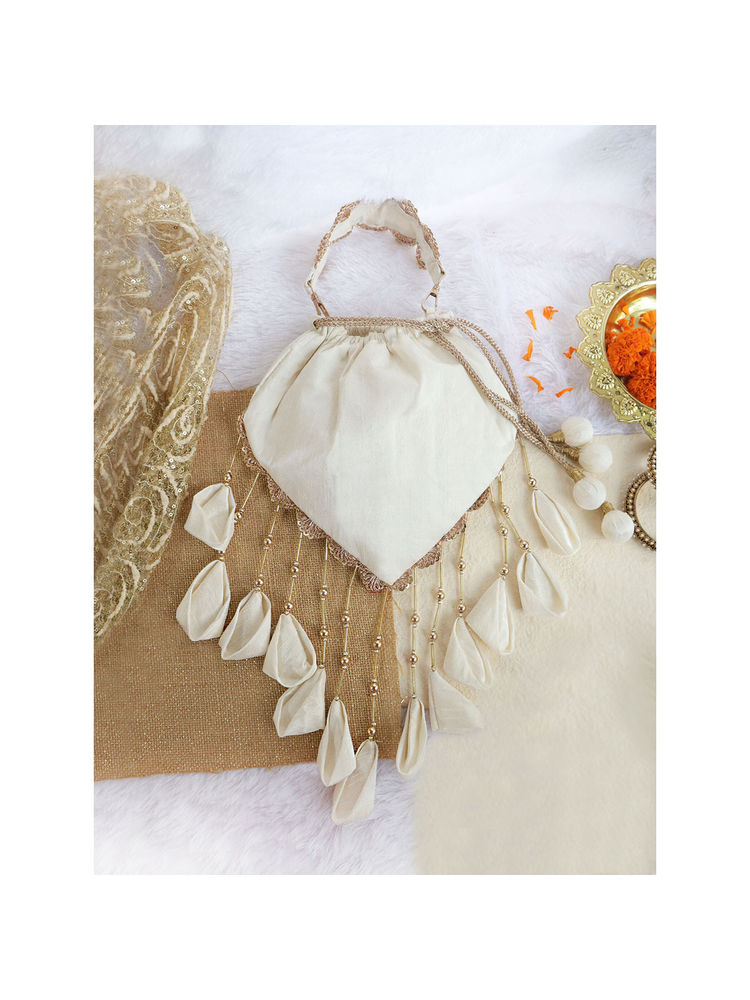 Soho Boho Studio Off White Embellished Tassles Triangle Potli Bag-image-24