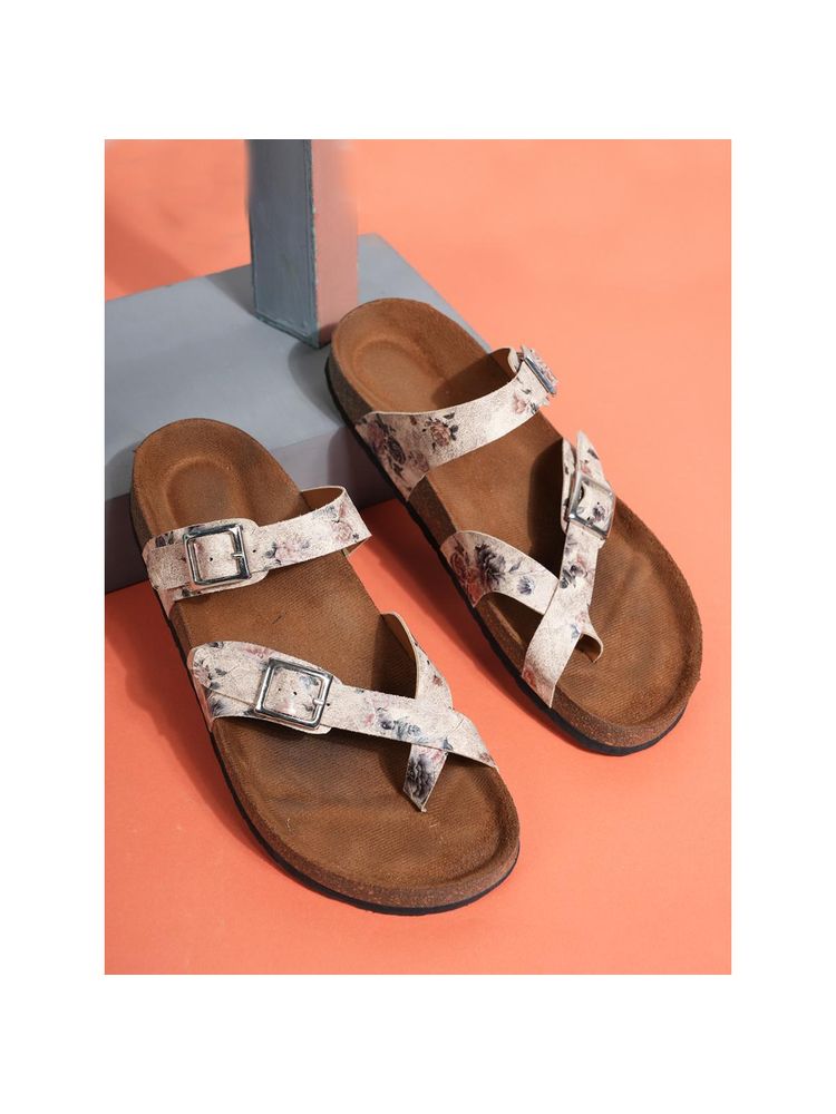 MOZAFIA Cream Floral Printed Arch Support Cork Sandals for Women-picture-7