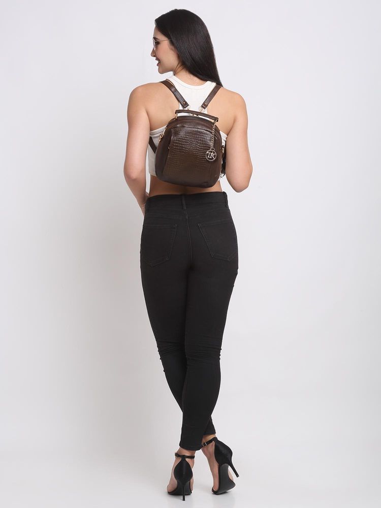 Teakwood Women Brown Leather Textured Backpack-image-0
