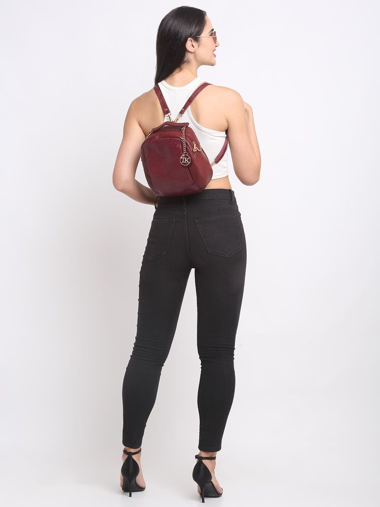Teakwood Women Red Leather Textured Backpack-image-37