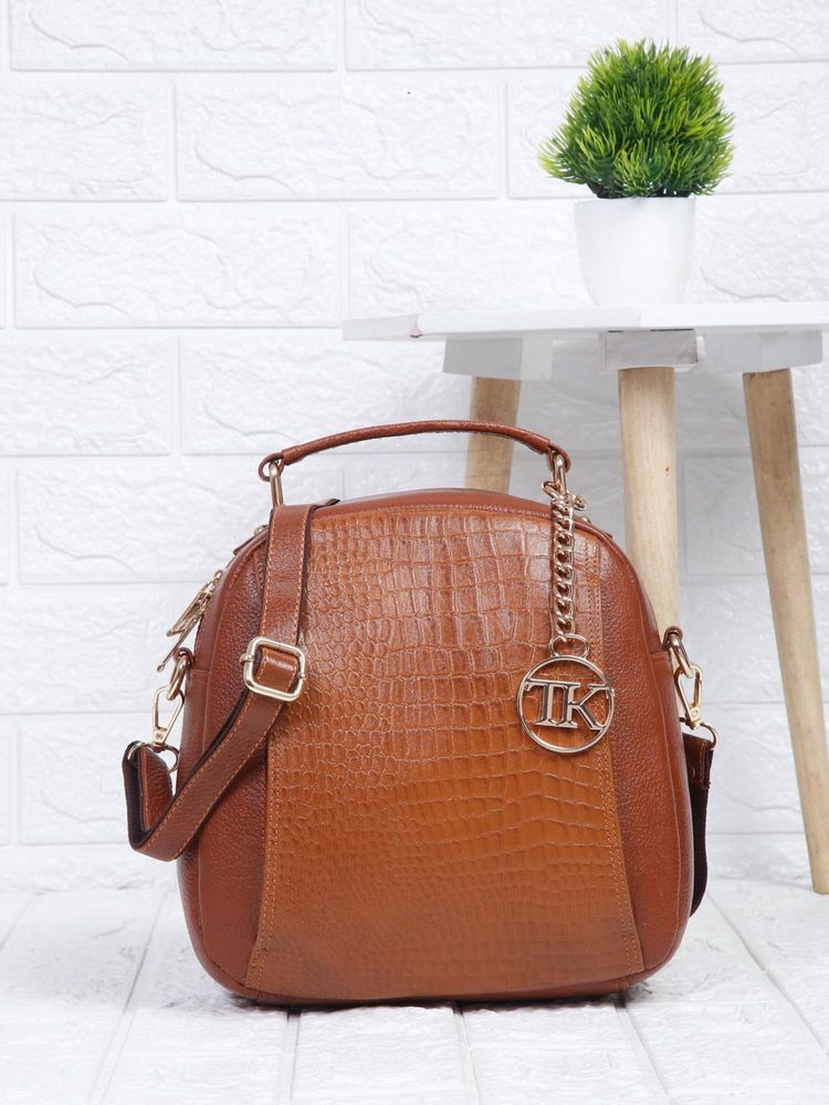 Teakwood Women Tan Leather Textured Backpack-picture-18