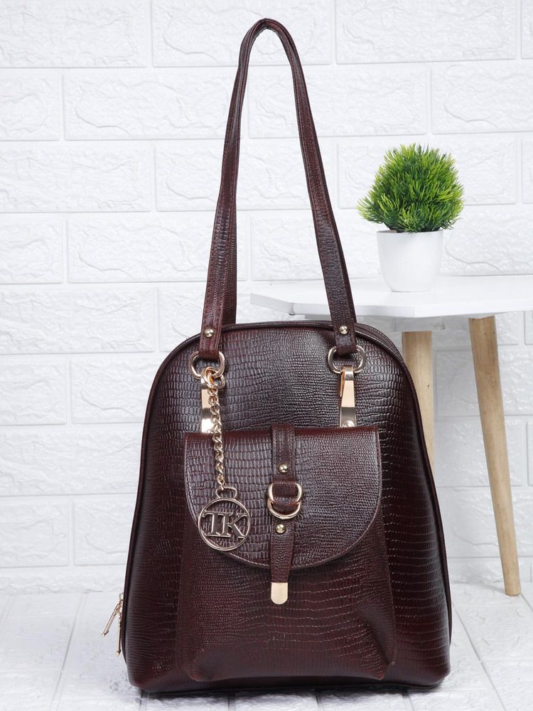 Teakwood Women Maroon Leather Textured Backpack-image-3