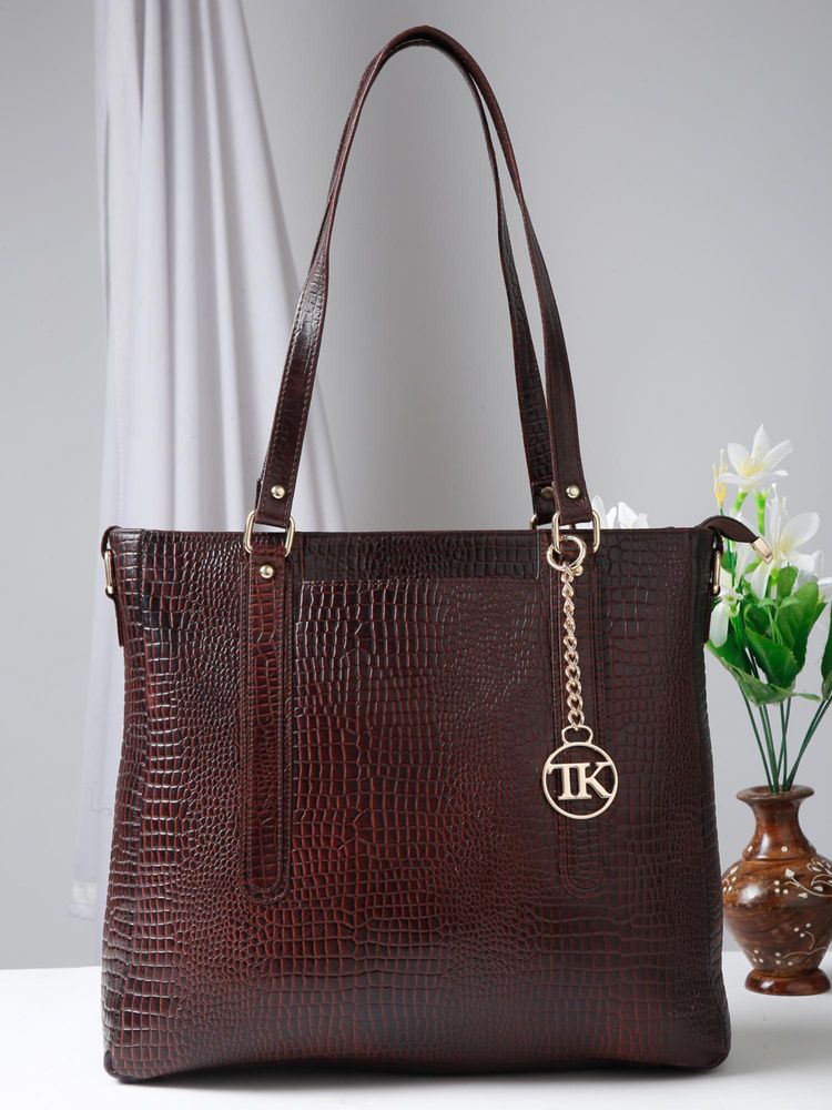 Teakwood Women Croco Brown Leather Shoulder Bag-image-40