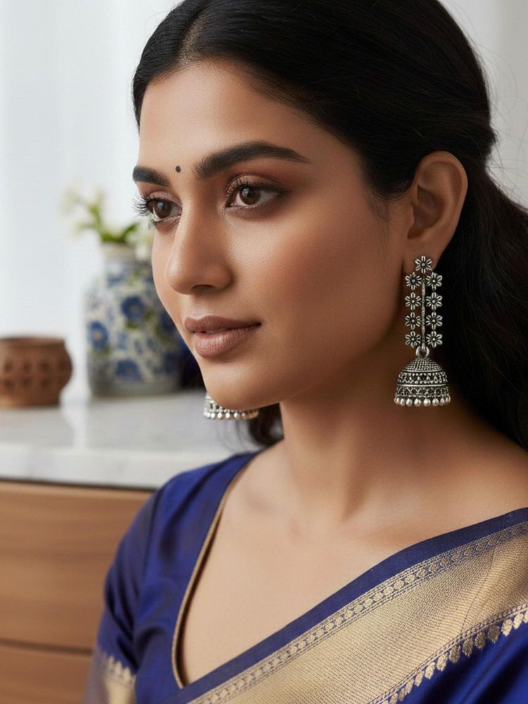 Accessher Oxidised Silver Afghani Floral Jhumka Earrings