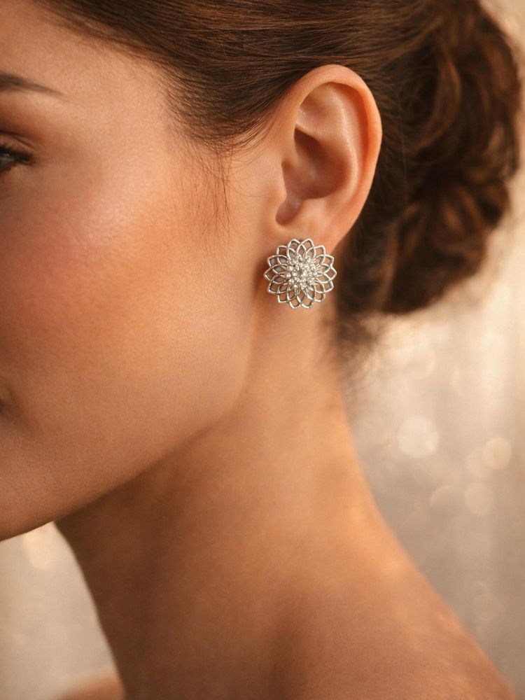 Accessher White Silver-Tone Rhinestone Floral Stud Earrings-picture-14