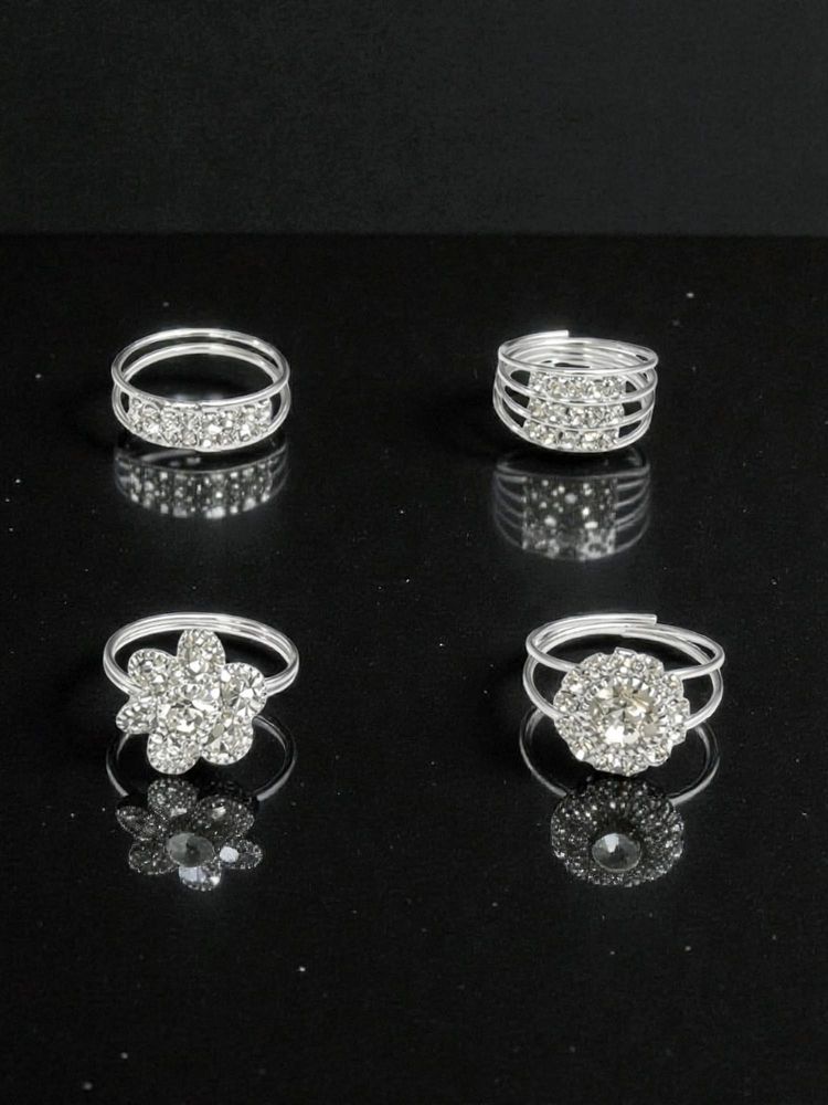 Accessher White Silver-Tone Crystal Stackable Midi Rings-picture-13