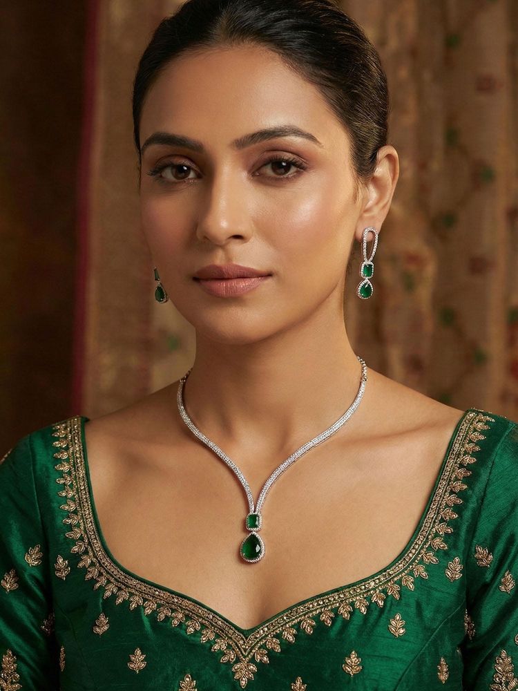 Niscka Multi-Color Rhodium Plated American Diamond Necklace with Earrings