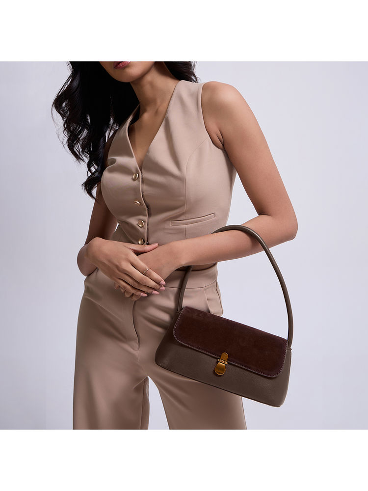 Twenty Dresses by Nykaa Fashion Brown Structured Faux Suede Women's Baguette Handbag-picture-34