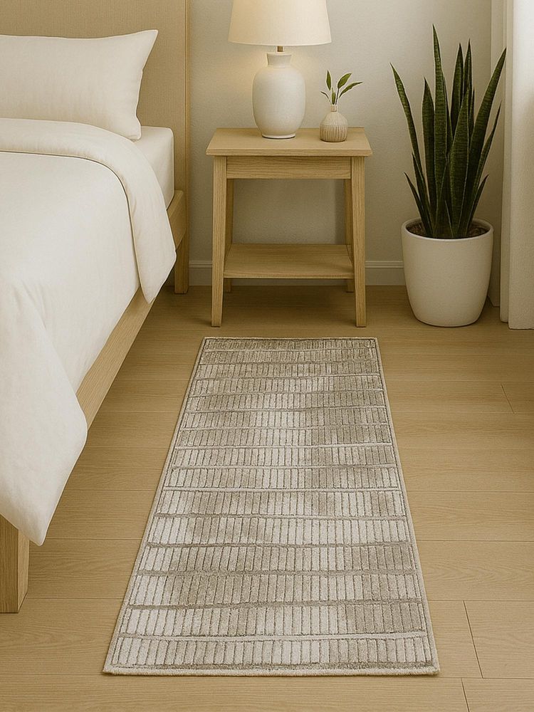 OBSESSIONS Beige Abstract Polyester Bedside Runner Ideal for Bedroom (2x5 Feet)-image-26
