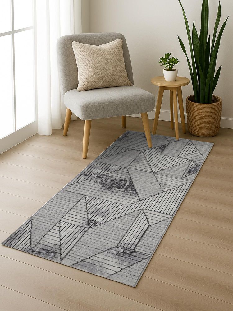 OBSESSIONS Grey Abstract Polyester Bedside Runner Ideal for Bedroom (2x5 Feet)-picture-28