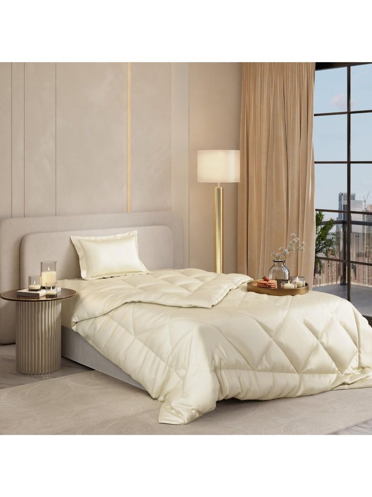Stoa Paris Satin Comforter with Single Bedsheet & Pillow Covers, Complete Bedding Set Charming Ivory-image-1