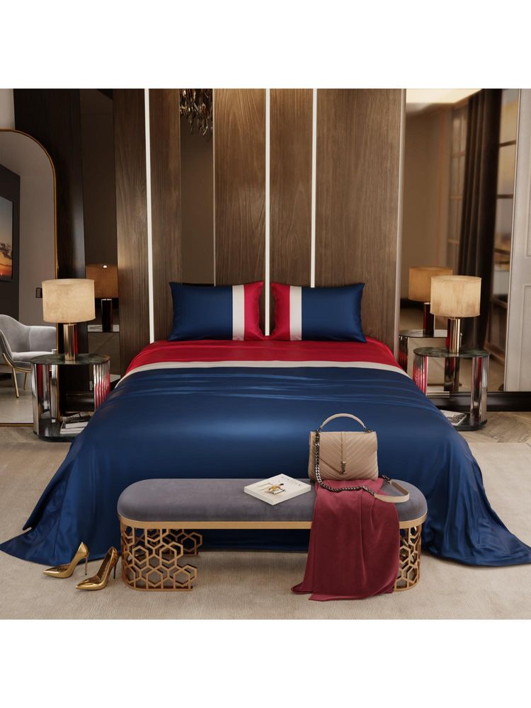 Stoa Paris Satin King Size Bedsheet with 2 Pillow Solid Covers, Vogue - Navy-Red-White-picture-12