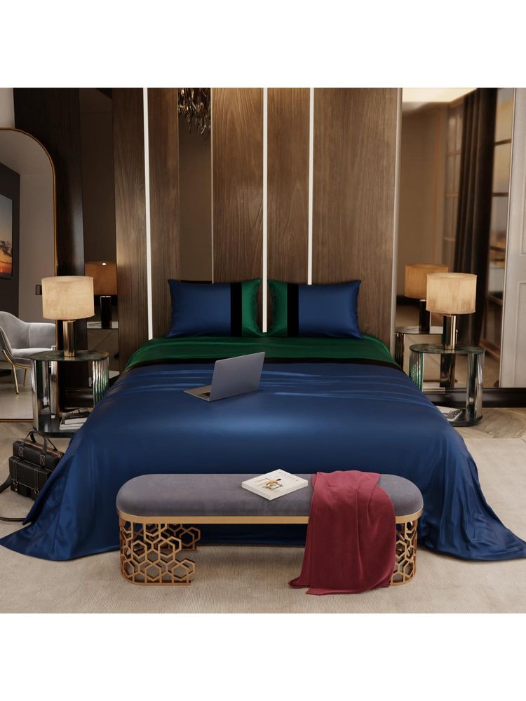 Stoa Paris Solid Bedsheets for King Size Bed - Navy-Green-Black with 2 Pillow Cover-image-31