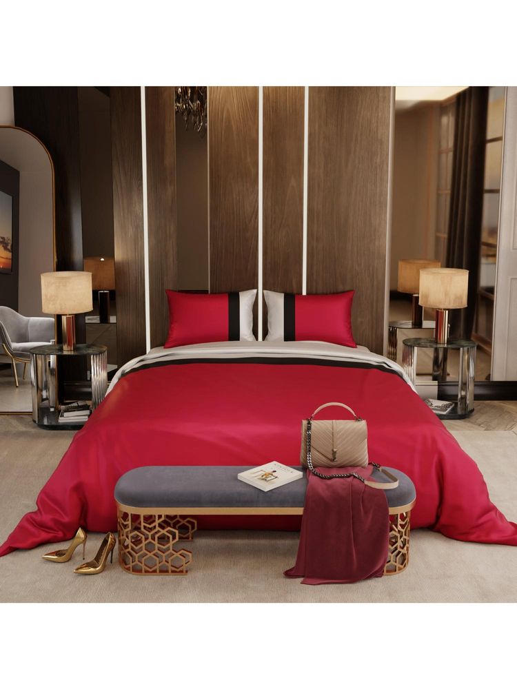 Stoa Paris Satin Comforter Set for King Size Bed, Vogue - Red with 2 Pillow Cover-image-3