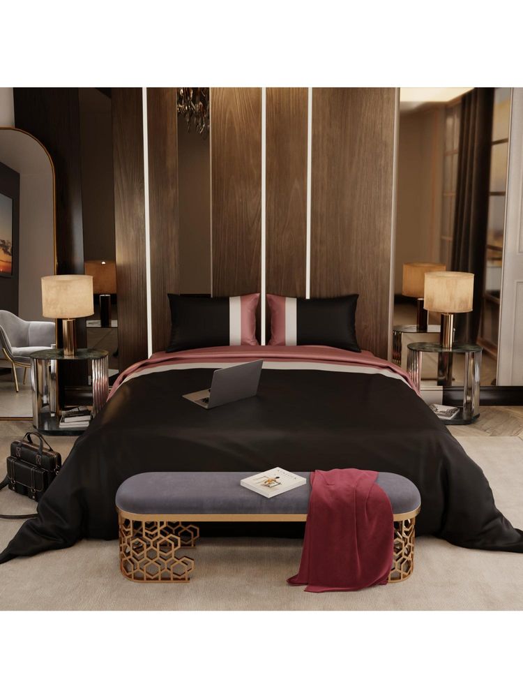 Stoa Paris Satin Comforter Set for King Size Bed, Vogue - Black-Brown-White with 2 Pillow Cover-image-1