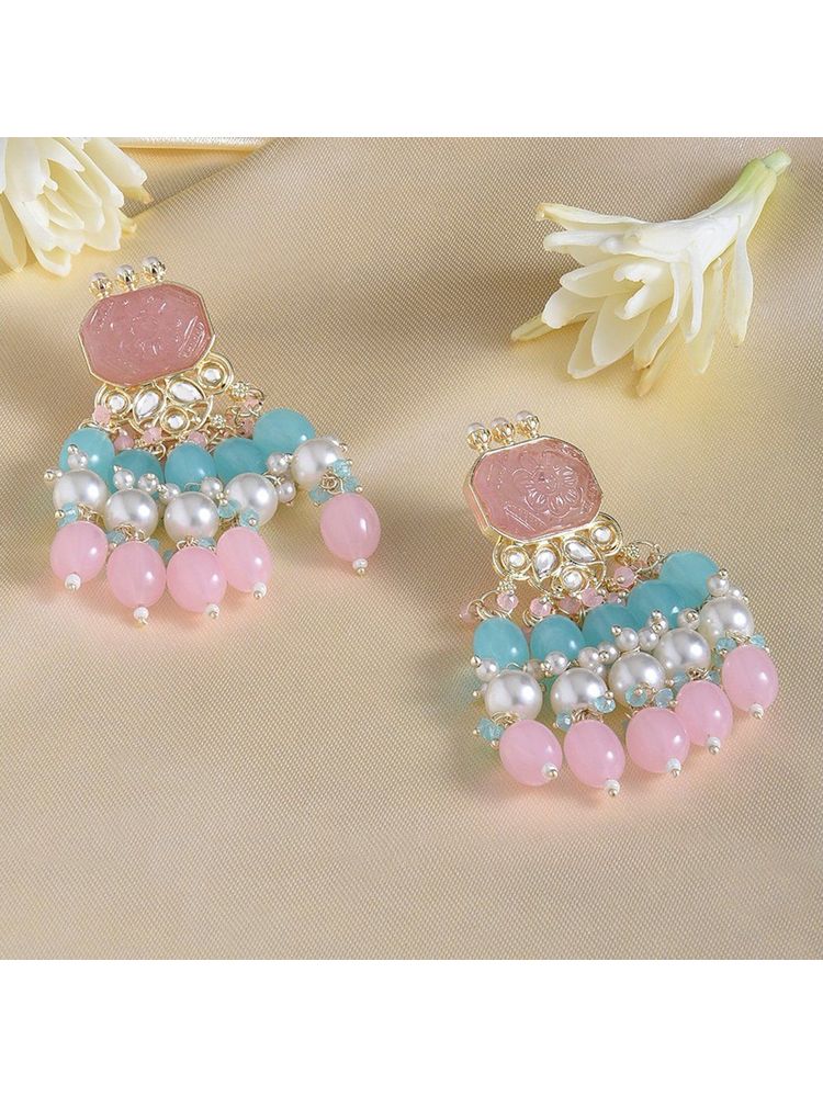 Zaveri Pearls Pink & Turquoise Stone & Cluster Beads Drop Earring-ZPFK15373-image-28