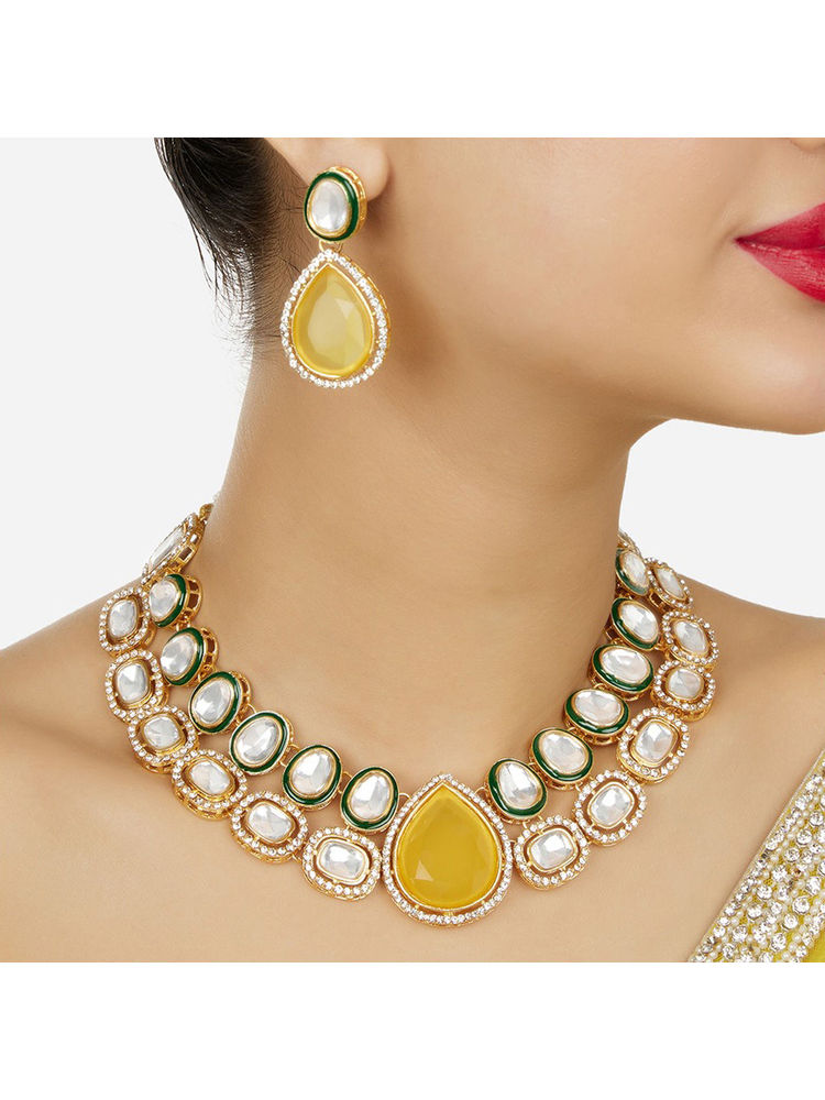 Zaveri Pearls Yellow Stone Green Meenakari Diamonds Necklace and Earrings-picture-12