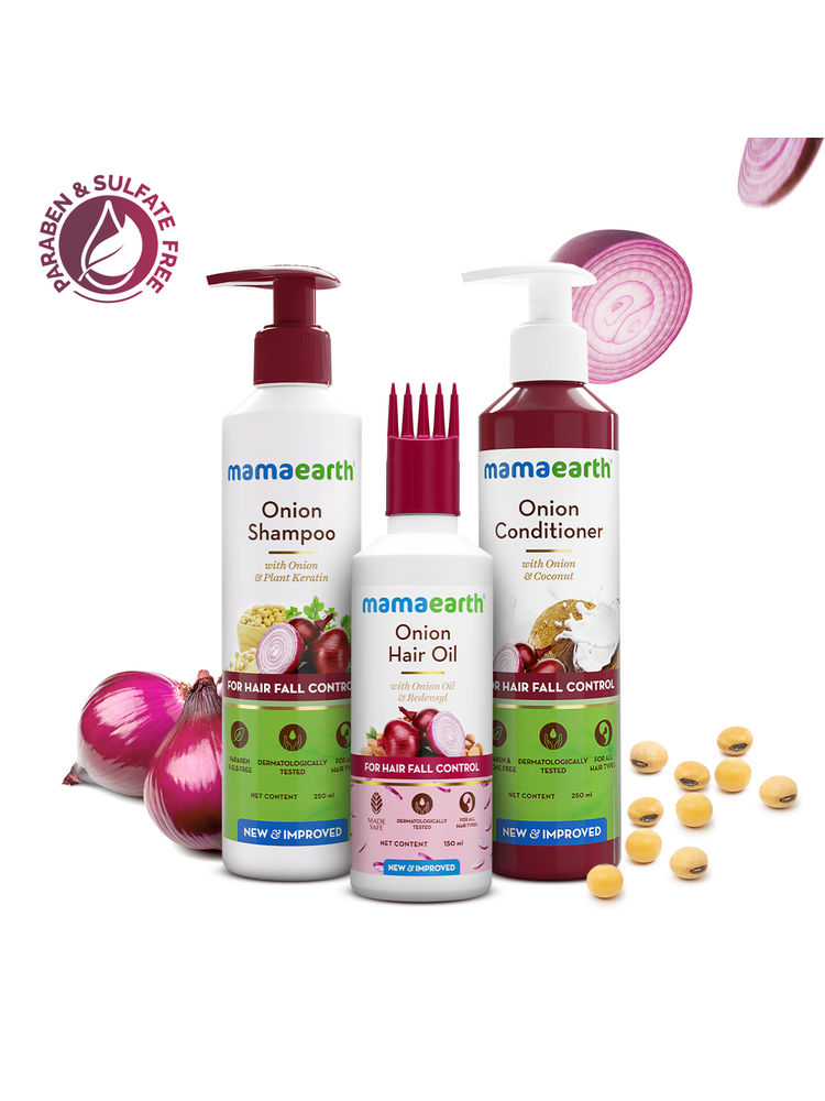 Mamaearth Onion Anti Hair Fall Spa Range with Shampoo + Conditioner + Oil for Hair Fall Control