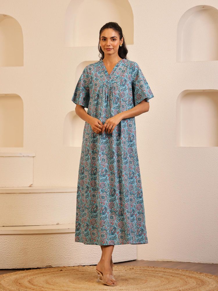 SANSKRUTIHOMES Blue Floral Print V-Neck Pure Cotton Nightdress for Women-picture-10
