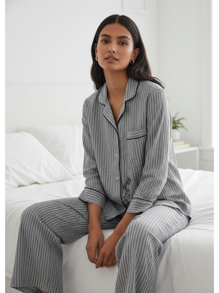 sanskrutihomes SAY Grey Stripes Shawl Lapel Pure Cotton Night Suit for Women-picture-27