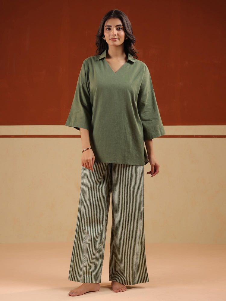 sanskrutihomes SAY Olive Stripes Pure Cotton Night Suit for Women-picture-18
