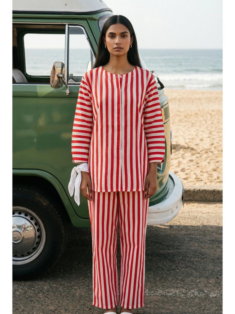 SAY Red Stripes Round Neck Pure Cotton Night Suit for Women-image-9