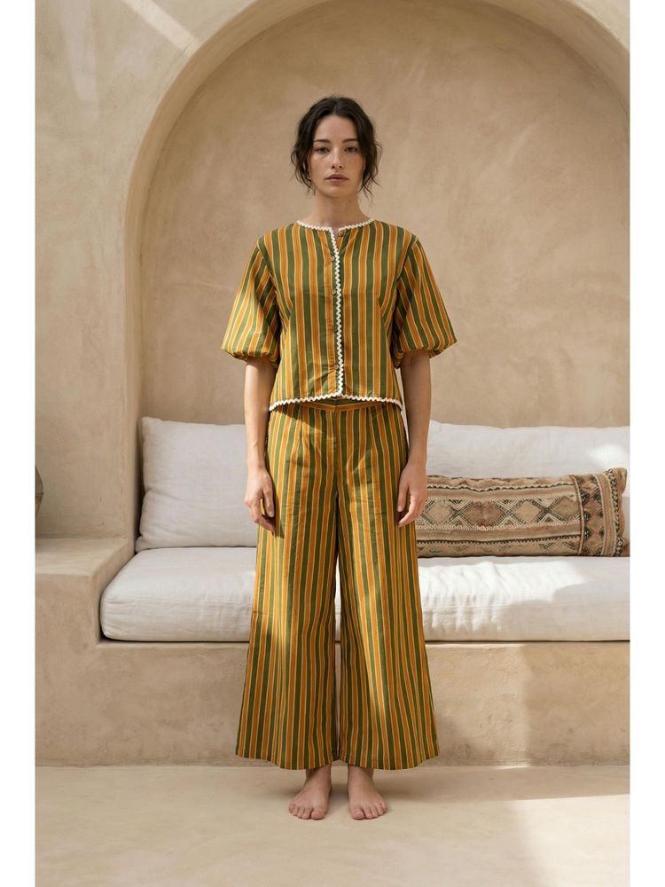 sanskrutihomes SAY Mustard Stripes Round Neck Pure Cotton Night Suit for Women-picture-10