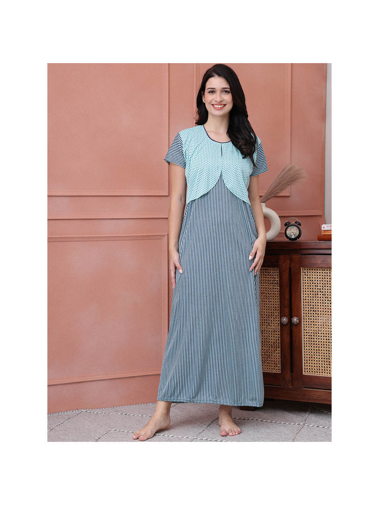 Secret Wish Striped Blue Hosiery Maternity Nighty-image-5