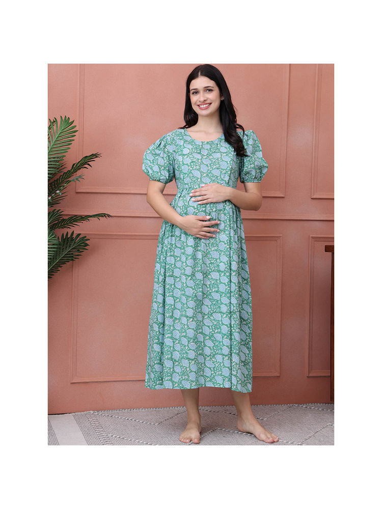 Secret Wish Floral Print Green Cotton Maternity Nightdress Calf Length-picture-18
