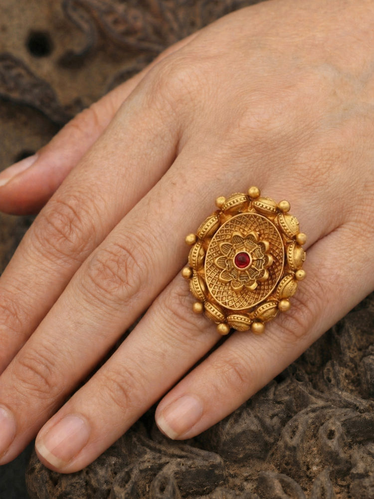Treemoda Premium Gold Plated Kundan Ring-Red-picture-6