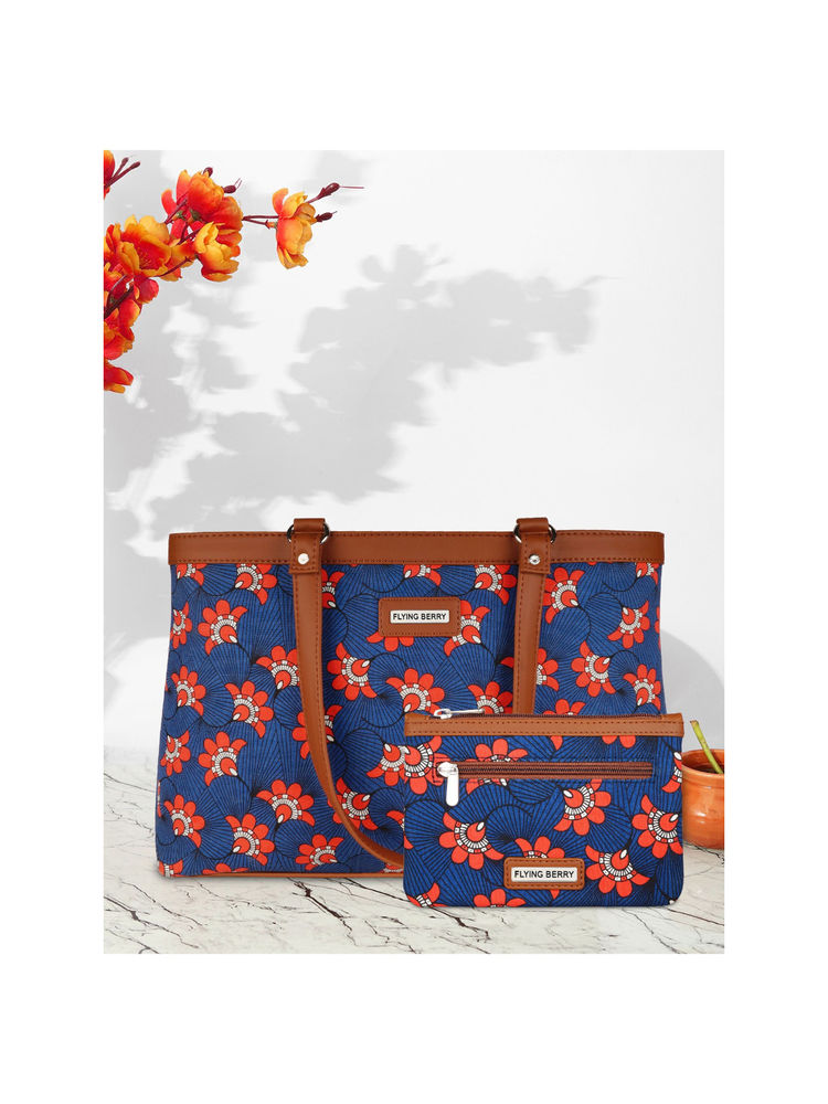 FLYING BERRY Blue Ethnic Floral Print Shoulder Laptop Bag Combo with Pouch-image-1