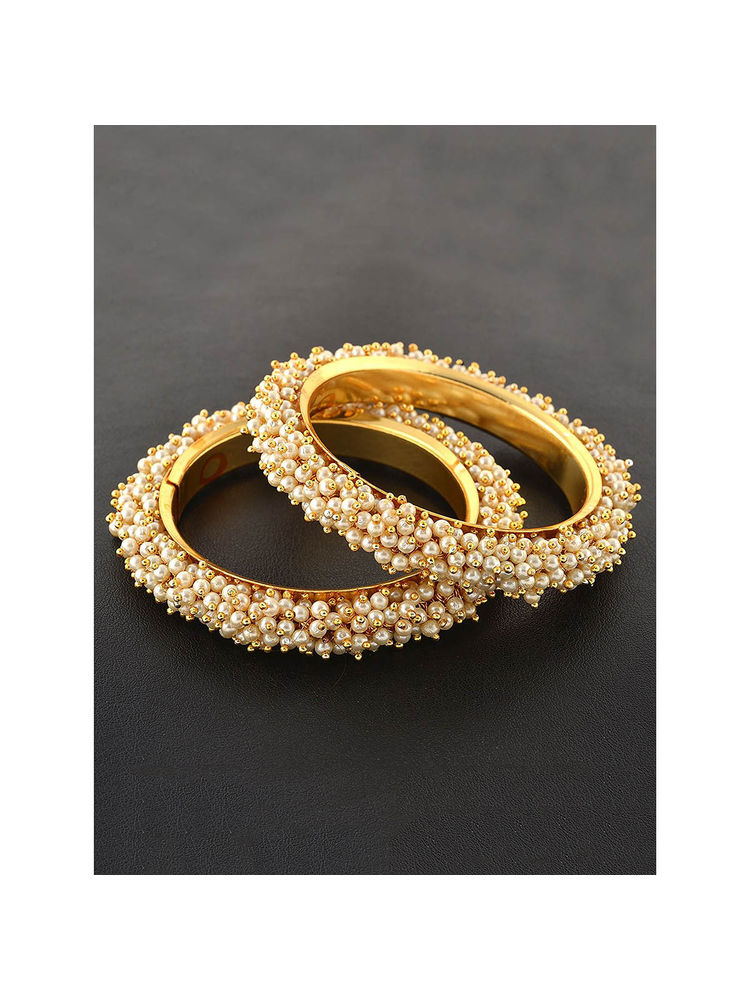 ZENEME Gold Plated Intricate Design Textured White Pearl Bangles for Women-picture-10