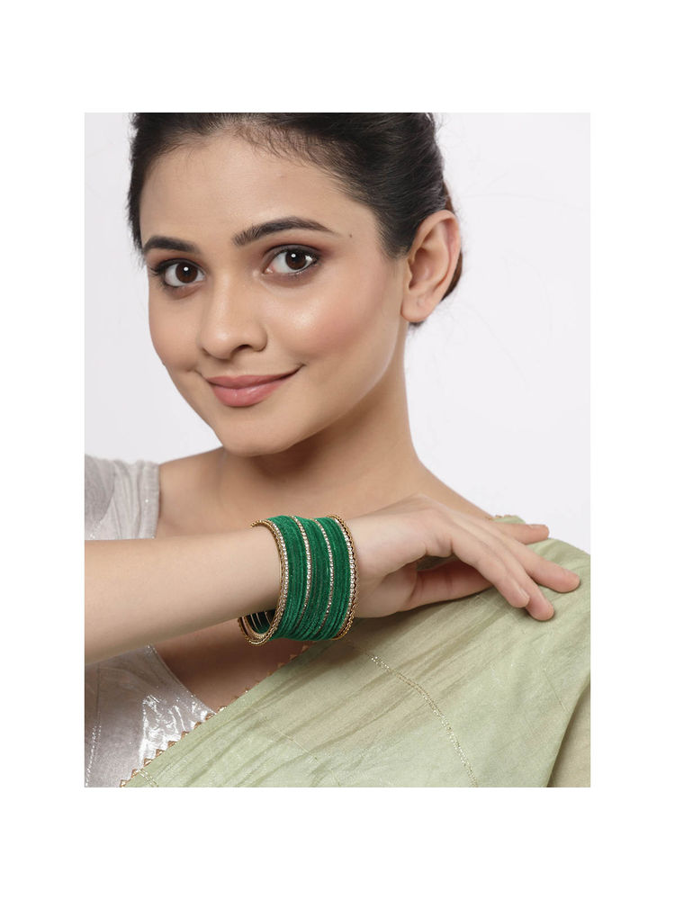 ZENEME Gold-Plated CZ Studded Green Velvet Bangles for Women (Set of 18)-picture-8