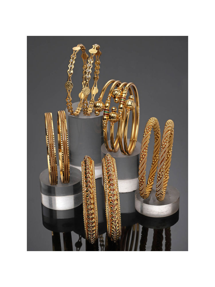 ZENEME Set Of 10 Gold-Plated & Gold Toned Stone & Pearl Studded Bangles for Women (Set of 5)-picture-28