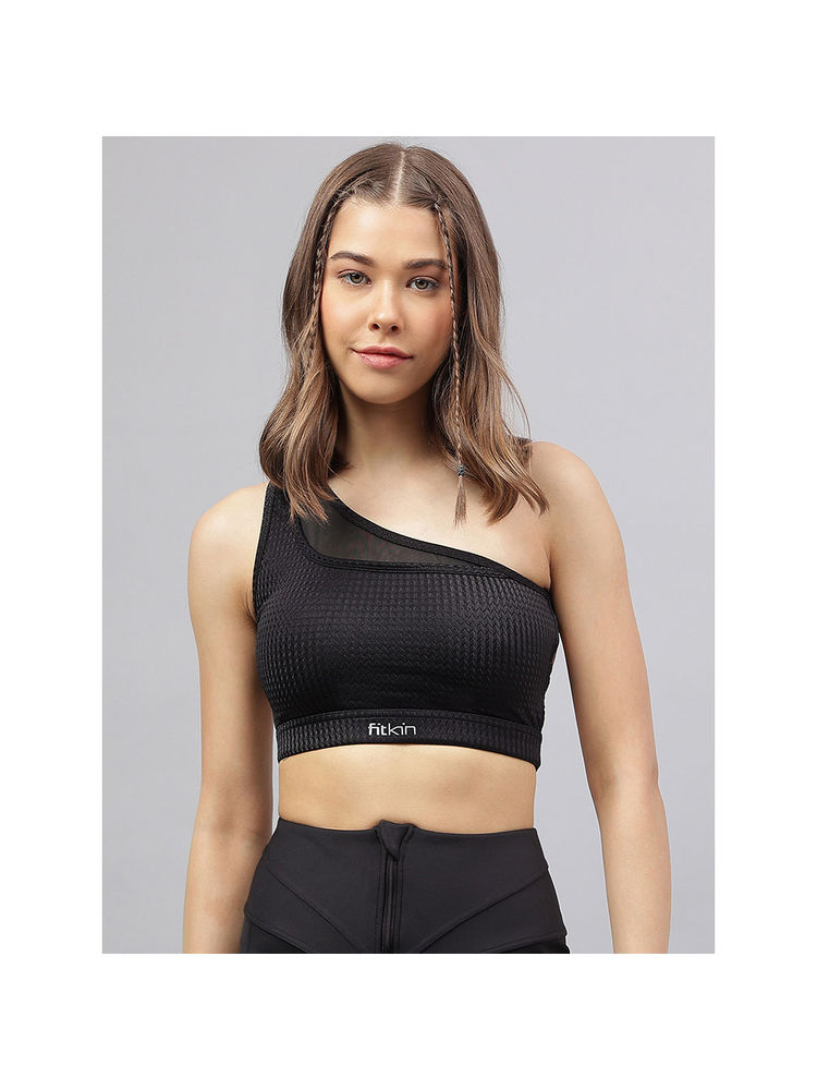 Fitkin Womens Black Textured One Shoulder Sports Bra-picture-10