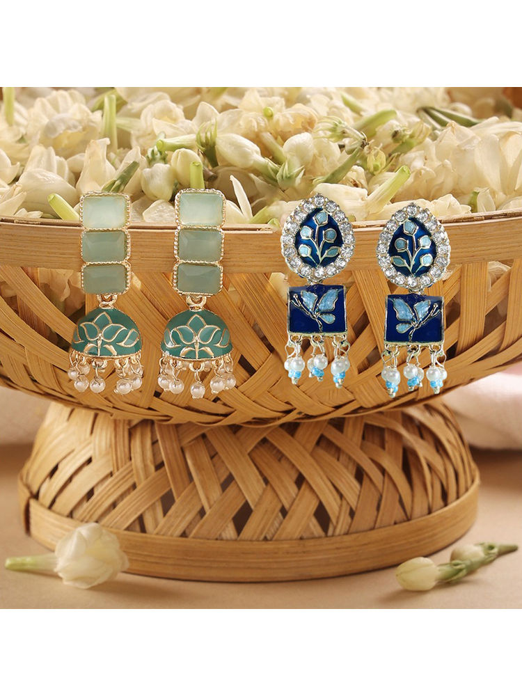 Zaveri Pearls Blue and Mint Green Meenakari Jhumki Earrings - ZPFK18339 (Pack of 2) (Pack of 2)-picture-13
