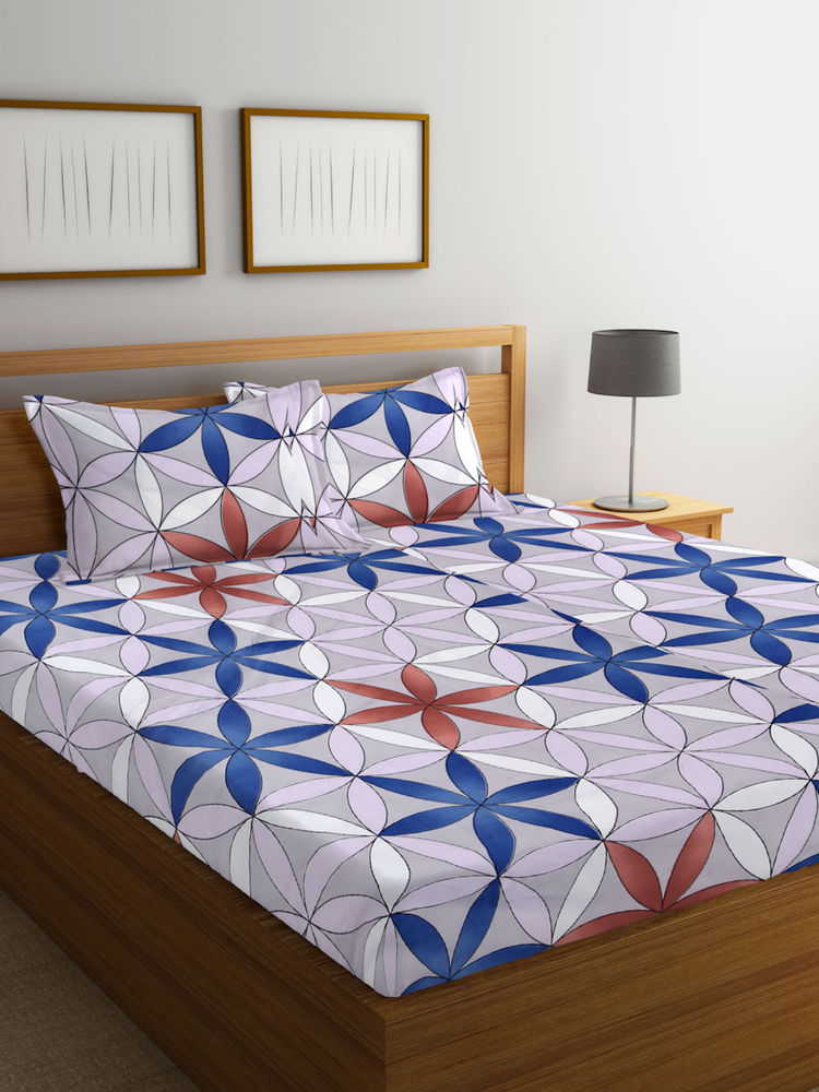 FABINALIV Grey Geometric 210 TC Cotton Blend Bedsheet with 2 Pillow Covers (King)-image-19