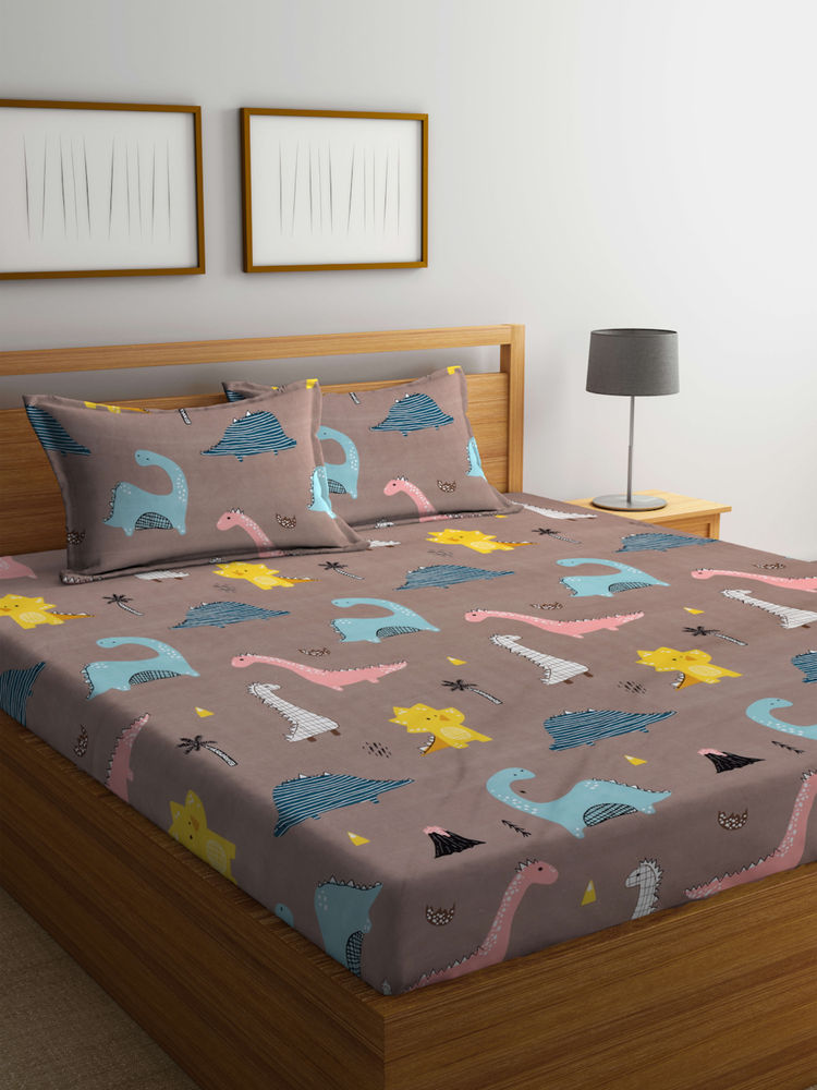 FABINALIV Brown Cartoon Print 300 TC Cotton Blend Bedsheet with 2 Pillow Covers (King)-image-34