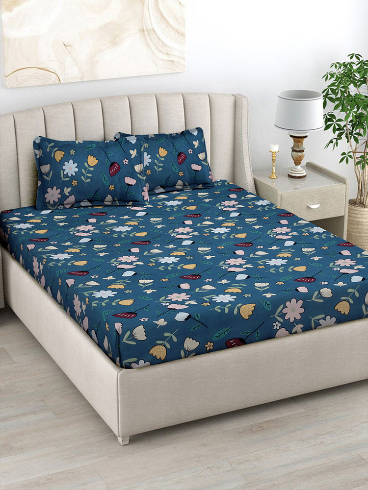 FABINALIV Navy Blue Floral 300 TC Cotton Blend Bedsheet with 2 Pillow Covers (King)-picture-14