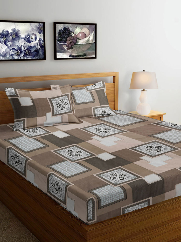 FABINALIV Brown Geometric 300 TC Cotton Blend Bedsheet with 2 Pillow Covers (King)-image-32
